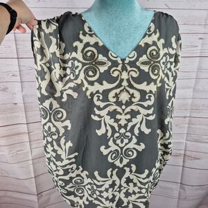 Lane Bryant Womens Size 14 / 16 Gray Floral Top Beaded Boho Fairy Grunge Hippie